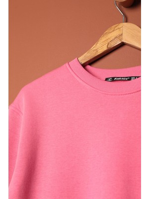 Velora Moda Üç Iplik Kolu Çimalı Sıfır Yaka Kadın Pembe Sweat