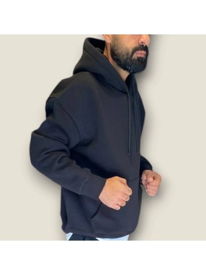 Viento Siyah Renk Kapüşonlu Şardonlu Basic Sweatshirt