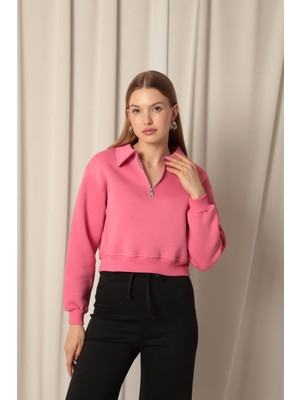 Velora Moda Üç Iplik Fermuarlı Kapüşonlu Kısa Kadın Pembe Sweat