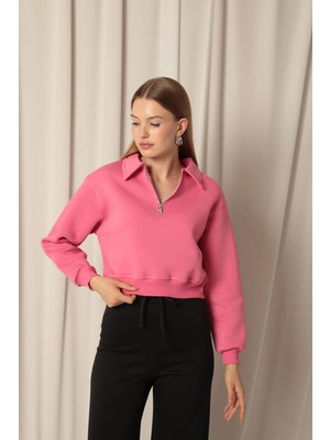 Velora Moda Üç Iplik Fermuarlı Kapüşonlu Kısa Kadın Pembe Sweat