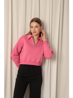 Velora Moda Üç Iplik Fermuarlı Kapüşonlu Kısa Kadın Pembe Sweat