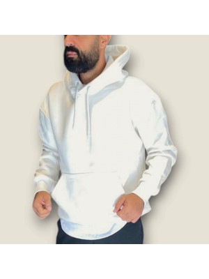 Viento Beyaz Renk Kapüşonlu Şardonlu Basic Sweatshirt