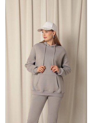 Velora Moda Üç Iplik Kumaş Kanguru Cep Kapüşonlu Kadın Gri Sweat