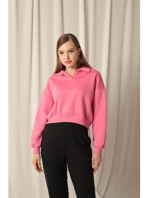 Velora Moda Üç Iplik Patlı Yakalı Kısa Kadın Pembe Sweat