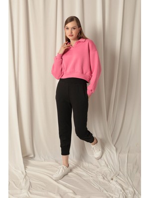 Velora Moda Üç Iplik Patlı Yakalı Kısa Kadın Pembe Sweat