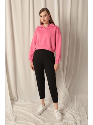 Velora Moda Üç Iplik Patlı Yakalı Kısa Kadın Pembe Sweat