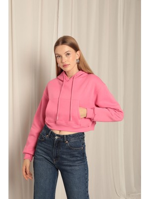 Velora Moda Üç Iplik Kumaş Kapüşonlu Kısa Kadın Pembe Sweat