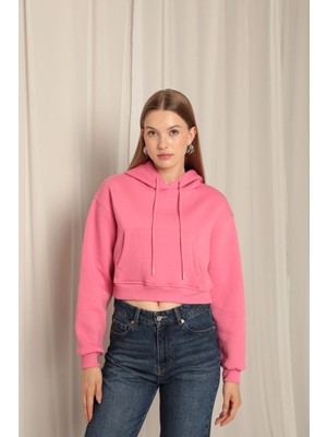 Velora Moda Üç Iplik Kumaş Kapüşonlu Kısa Kadın Pembe Sweat