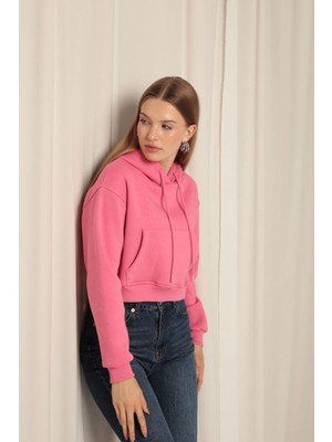 Velora Moda Üç Iplik Kumaş Kapüşonlu Kısa Kadın Pembe Sweat