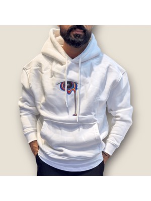 Viento Beyaz Renk Nakış Baskı Kanguru Cep Kapüşonlu Sweatshirt