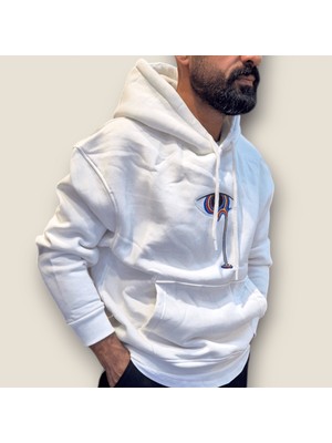 Viento Beyaz Renk Nakış Baskı Kanguru Cep Kapüşonlu Sweatshirt