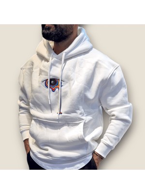 Viento Beyaz Renk Nakış Baskı Kanguru Cep Kapüşonlu Sweatshirt