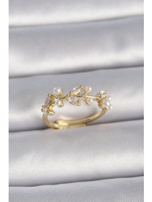 Shopzum Pirinç Gold Renk Ayarlanabilir Zirkon Taşlı Yaprak Model Kadın Yüzük