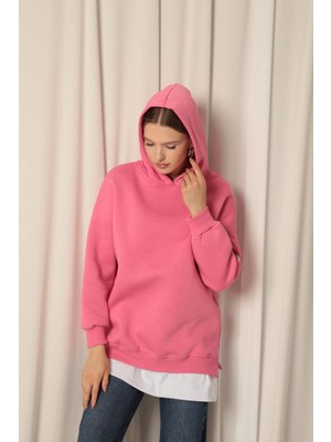 Velora Moda Üç Iplik Arma Detay Eteği Garnili Kapüşonlu Kadın Pembe Sweat