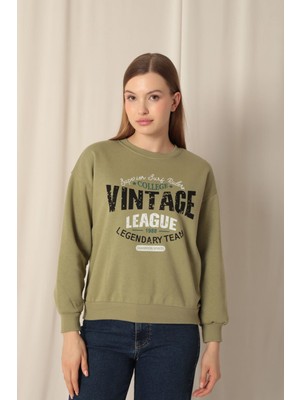 Velora Moda Üç Iplik Kumaş Vintage Baskılı Kadın Haki Sweat