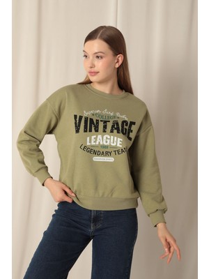 Velora Moda Üç Iplik Kumaş Vintage Baskılı Kadın Haki Sweat