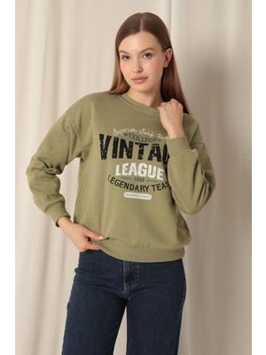 Velora Moda Üç Iplik Kumaş Vintage Baskılı Kadın Haki Sweat