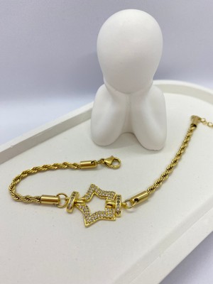 Lucky Be Collection Lucky B&e Kalın Zincir Taşlı Yıldızlı Çelik Bileklik Gold