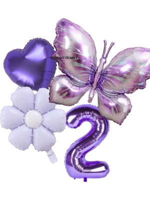 Düvenci Ticaret Büyük Boy Mor Kelebek Papatya Folyo Balon Yaş Set