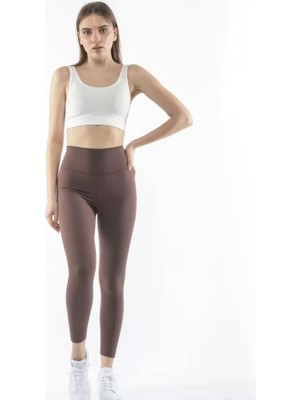 Mazıdağı Yüksek Bel Sporcu Düz Tayt - Kahverengi