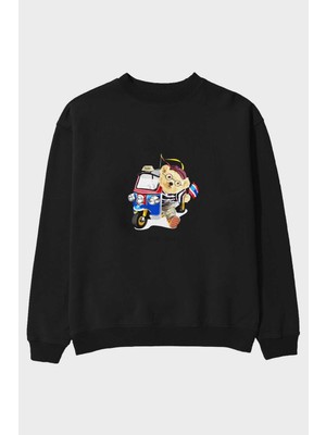 Ankhises Teddy Bear Hop-On Ön Baskılı Siyah Oversize Sweatshirt Erkek Kadın Bisiklet Yaka