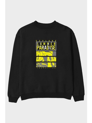 Ankhises Summer Paradise Ön Baskılı Siyah Oversize Sweatshirt Erkek Kadın Bisiklet Yaka