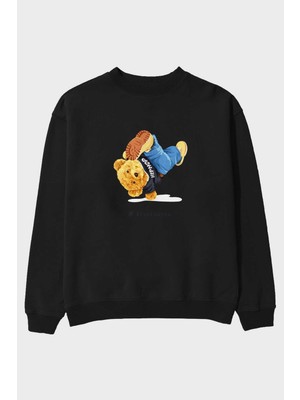 Ankhises Teddy Bear Breakdance Ön Baskılı Siyah Oversize Sweatshirt Erkek Kadın Bisiklet Yaka