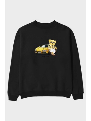 Ankhises Teddy Bear Rich Club Ön Baskılı Siyah Oversize Sweatshirt Erkek Kadın Bisiklet Yaka