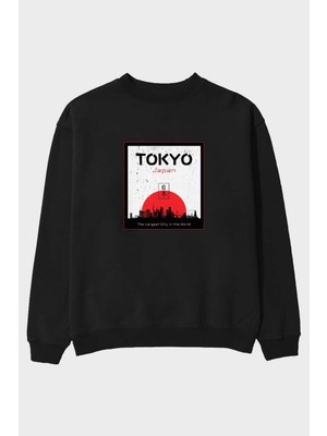 Ankhises Tokyo Japan Yazılı Ön Baskılı Siyah Oversize Sweatshirt Erkek Kadın Bisiklet Yaka