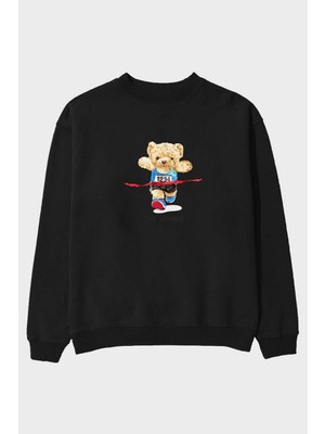 Ankhises Teddy Bear The Winner Ön Baskılı Siyah Oversize Sweatshirt Erkek Kadın Bisiklet Yaka