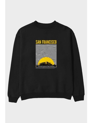 Ankhises San Francisco Yazılı Ön Baskılı Siyah Oversize Sweatshirt Erkek Kadın Bisiklet Yaka