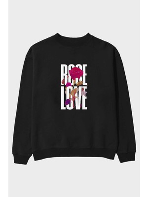 Ankhises Rose Love Ön Baskılı Siyah Oversize Sweatshirt Erkek Kadın Bisiklet Yaka