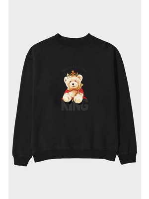 Ankhises Teddy Bear King Ön Baskılı Siyah Oversize Sweatshirt Erkek Kadın Bisiklet Yaka