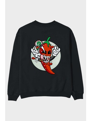 Ankhises Chili Monster Arka Baskılı Siyah Oversize Sweatshirt Erkek Kadın Bisiklet Yaka