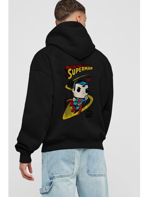 Ankhises Superman (2) Arka Baskılı Siyah Oversize Kapüşonlu Sweatshirt Erkek Kadın