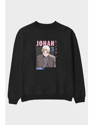 Ankhises Johan Liebert Monster Anime Ön Baskılı Siyah Oversize Sweatshirt Erkek Kadın Bisiklet Yaka
