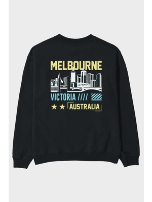 Ankhises Melbourne Arka Baskılı Siyah Oversize Sweatshirt Erkek Kadın Bisiklet Yaka