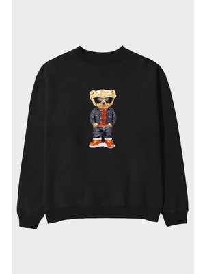 Ankhises Teddy Bear Tarz Ön Baskılı Siyah Oversize Sweatshirt Erkek Kadın Bisiklet Yaka