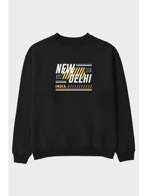 Ankhises New Delhi Ön Baskılı Siyah Oversize Sweatshirt Erkek Kadın Bisiklet Yaka