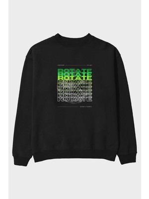 Ankhises Rotate Yazılı Ön Baskılı Siyah Oversize Sweatshirt Erkek Kadın Bisiklet Yaka