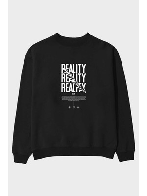 Ankhises Reality Yazılı Ön Baskılı Siyah Oversize Sweatshirt Erkek Kadın Bisiklet Yaka