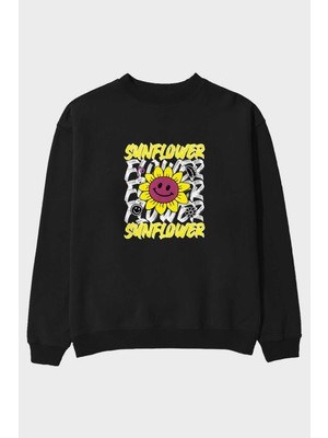 Ankhises Sunflower Ön Baskılı Siyah Oversize Sweatshirt Erkek Kadın Bisiklet Yaka