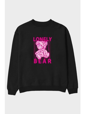 Ankhises Lonely Bear Ön Baskılı Siyah Oversize Sweatshirt Erkek Kadın Bisiklet Yaka