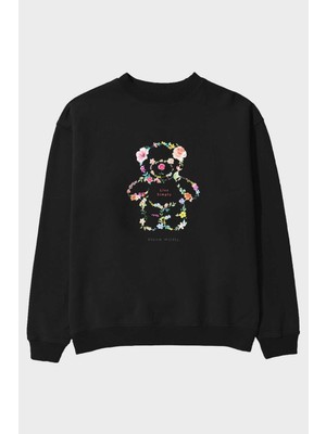 Ankhises Teddy Bear Flowers Ön Baskılı Siyah Oversize Sweatshirt Erkek Kadın Bisiklet Yaka