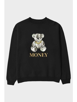 Ankhises Teddy Bear Money Ön Baskılı Siyah Oversize Sweatshirt Erkek Kadın Bisiklet Yaka