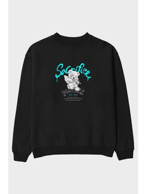 Ankhises Sacrifice Yourself Bear Ön Baskılı Siyah Oversize Sweatshirt Erkek Kadın Bisiklet Yaka