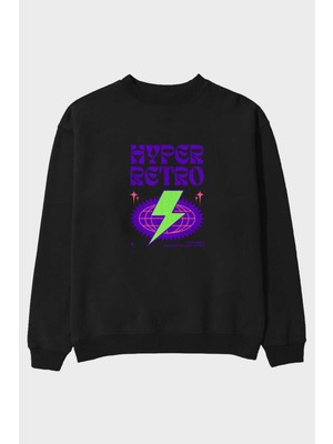 Ankhises Hyper Retro Yazılı Ön Baskılı Siyah Oversize Sweatshirt Erkek Kadın Bisiklet Yaka