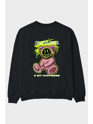 Ankhises No Fake Smile Bear Arka Baskılı Siyah Oversize Sweatshirt Erkek Kadın Bisiklet Yaka