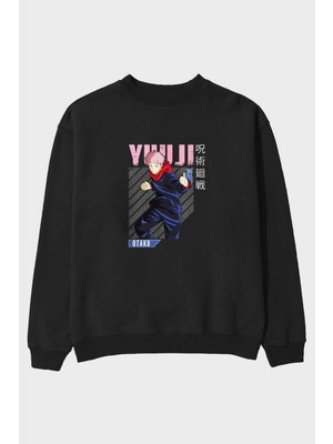 Ankhises Yuuji Itadori Anime Ön Baskılı Siyah Oversize Sweatshirt Erkek Kadın Bisiklet Yaka