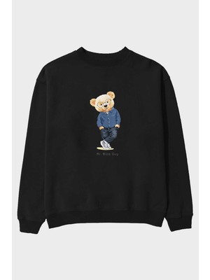 Ankhises Teddy Bear Mr. Nice Guy Ön Baskılı Siyah Oversize Sweatshirt Erkek Kadın Bisiklet Yaka